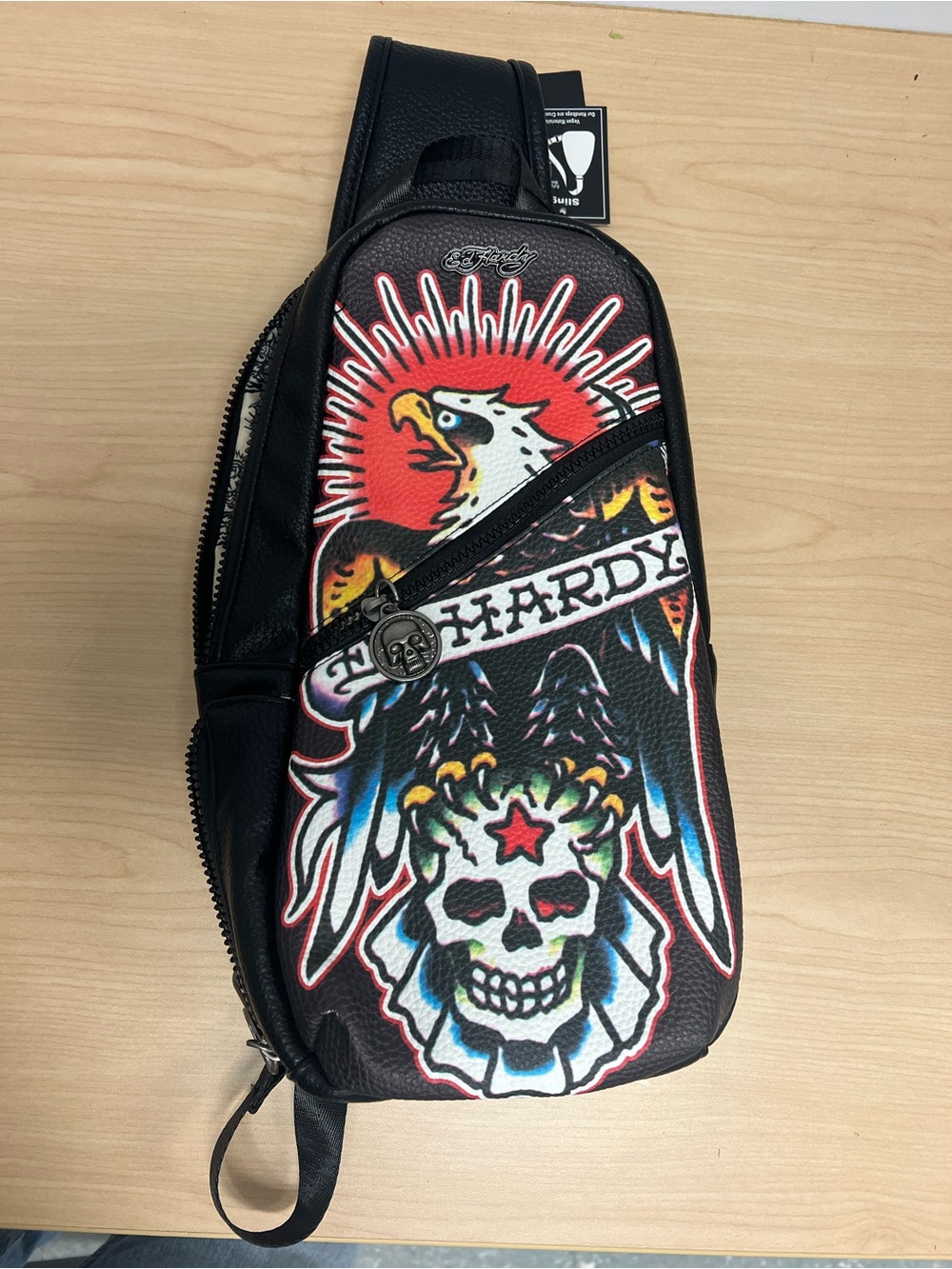 Ed Hardy Black Sling Bag with Red & White Eagle and Skull Graphic
